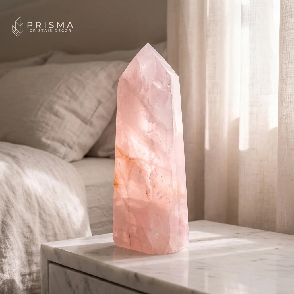 Ponta de Quartzo Rosa 37cm em suíte master, criado-mudo de mármore com luz natural matinal — pedra do amor incondicional