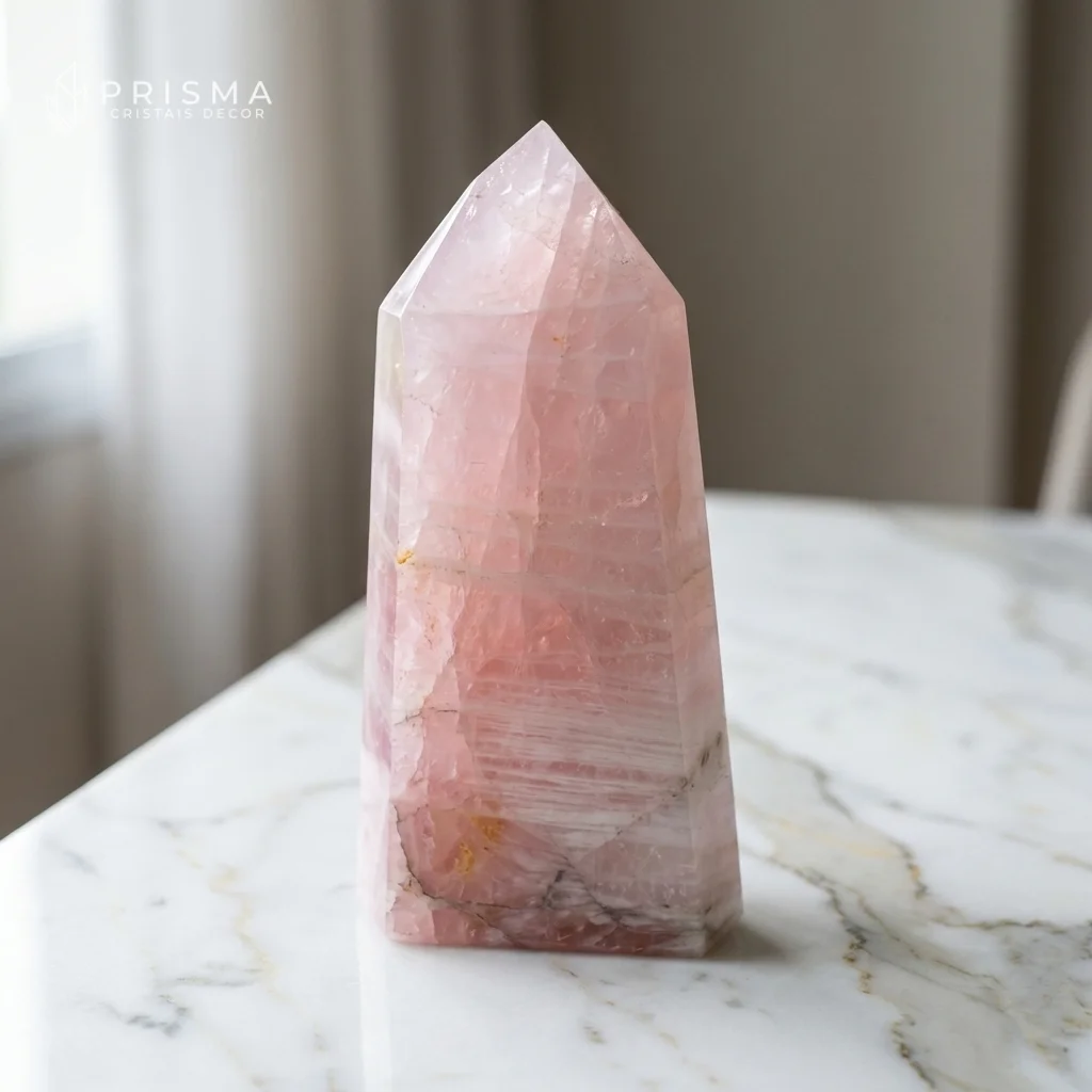 Ponta de Quartzo Rosa 41cm sobre mármore Calacatta — veios naturais e translucidez irreproduzível