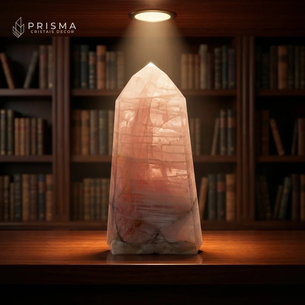Ponta de Quartzo Rosa 41cm em home office de alto padrão — spotlight revelando estrutura interna do cristal