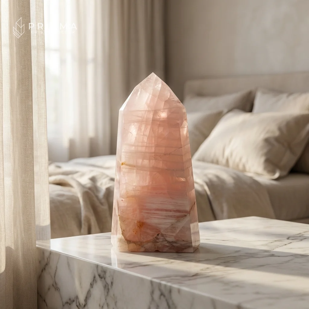 Ponta de Quartzo Rosa 41cm em suíte master de luxo — luz matinal filtrando pela cortina de linho