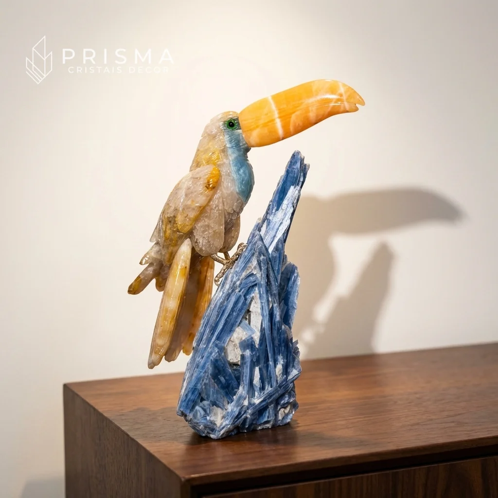 Tucano esculpido em quartzo ematoide dourado com base em cianita azul sobre aparador de madeira nobre — escultura mineral premium Nova Lima