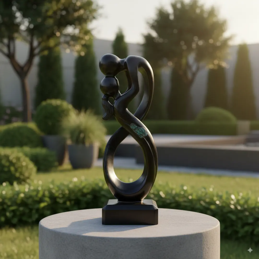 Escultura Amor Infinito em Xisto de Esmeralda — arte mineral exclusiva da Prisma Cristais, representando amor eterno e transformação espiritual.