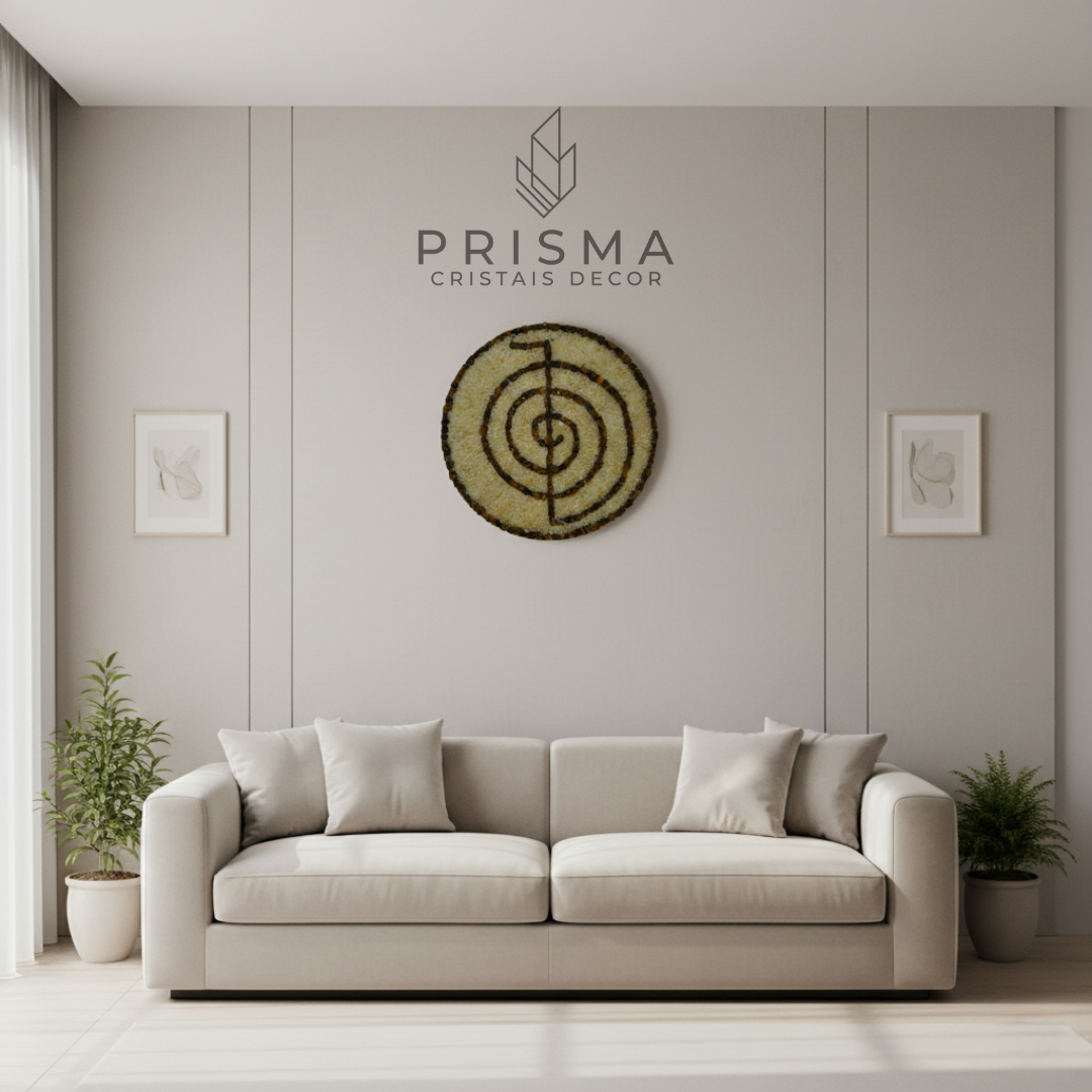 Mandala Espiral com Cristais naturais aplicada como arte decorativa premium, simbolizando harmonia, fluxo energético e expansão espiritual.