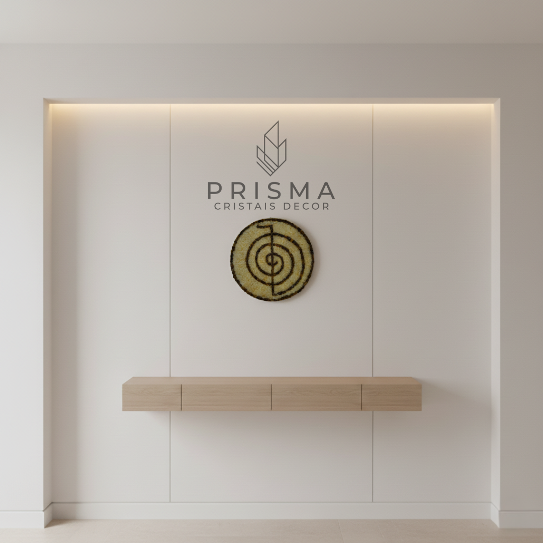 Mandala Espiral com Cristais naturais aplicada como arte decorativa premium, simbolizando harmonia, fluxo energético e expansão espiritual.