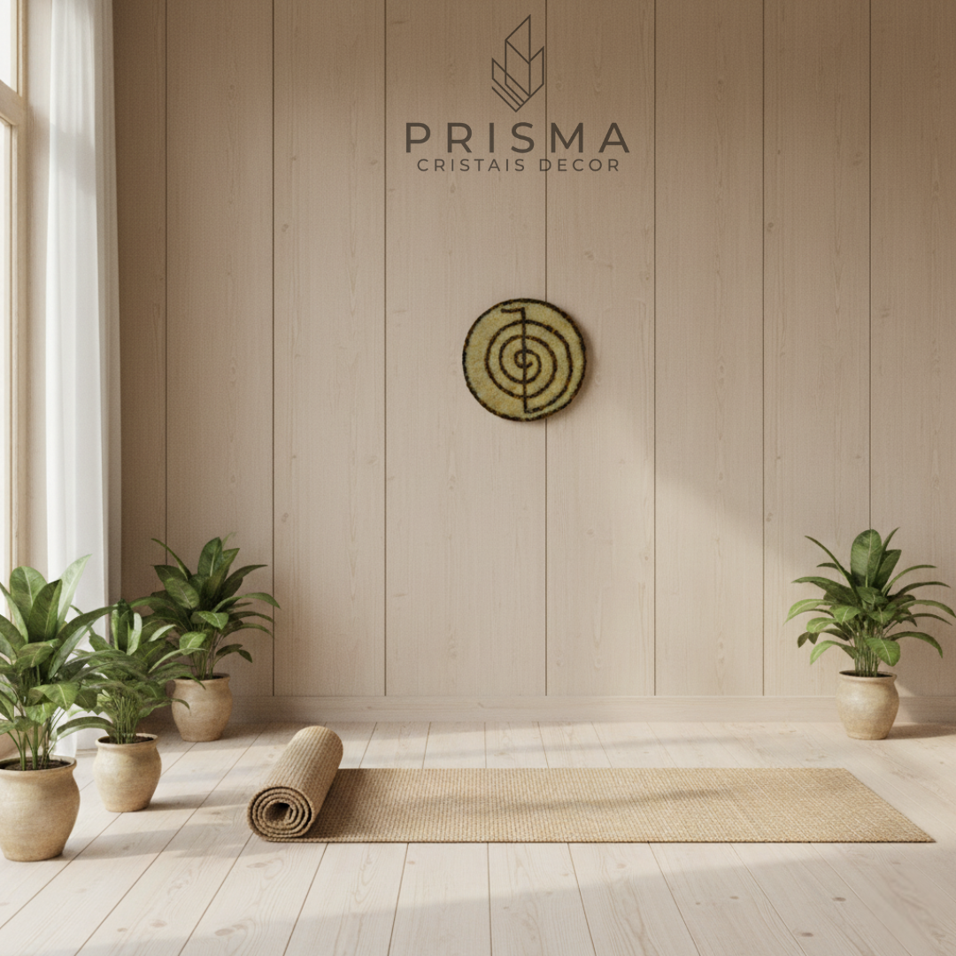 Mandala Espiral com Cristais naturais aplicada como arte decorativa premium, simbolizando harmonia, fluxo energético e expansão espiritual.