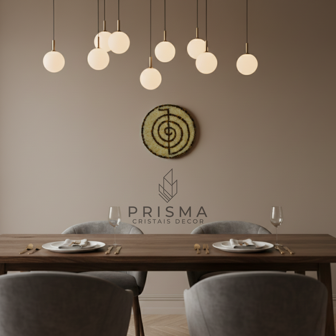 Mandala Espiral com Cristais naturais aplicada como arte decorativa premium, simbolizando harmonia, fluxo energético e expansão espiritual.